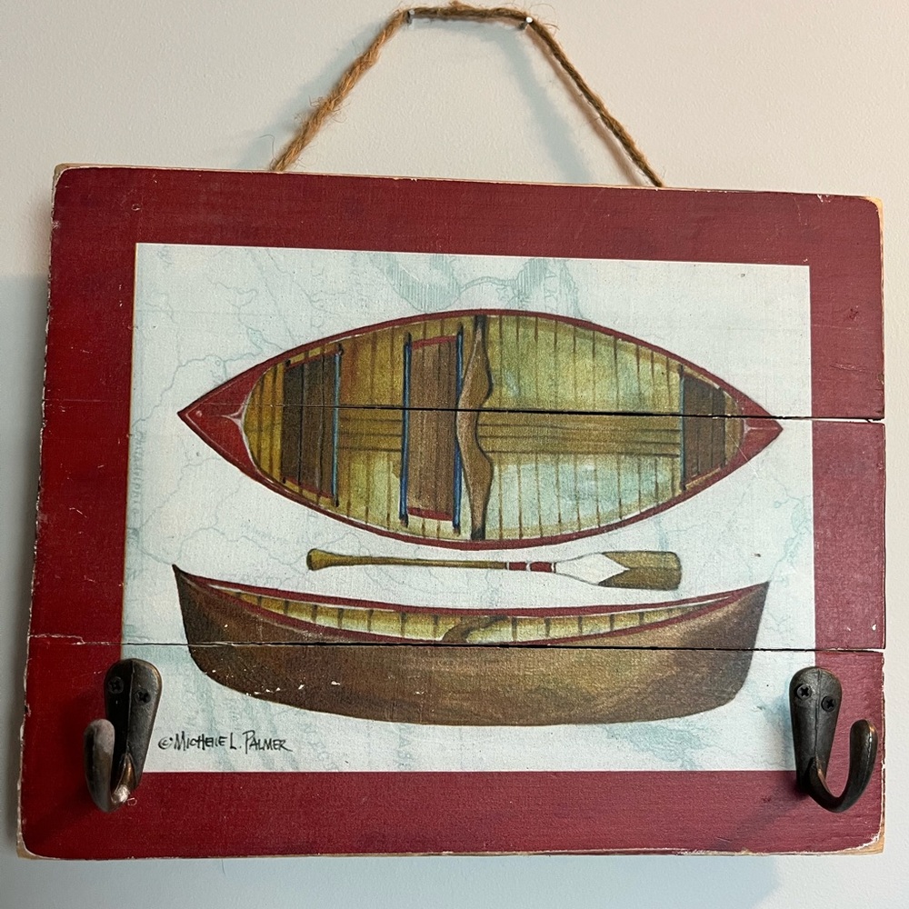 Rustic Hand Painted Canoe Art Hooks Red Black Frame Michelle L Palmer Lake House